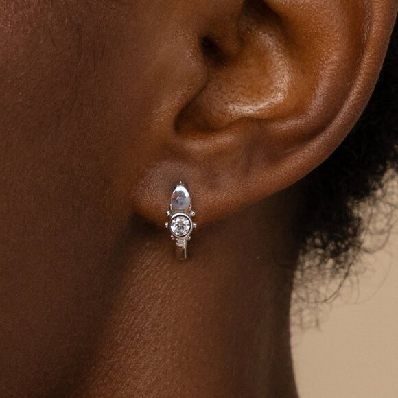 Caitlyn Minimalist Opal and Diamond Huggies, Sterling Silver - Picture 1 of 5